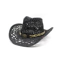 thumbnail image 1 of Valora Women Men Summer Western Cowboy Shapeable Straw Hollowed Out Sun Hat Black Black, 1 of 3