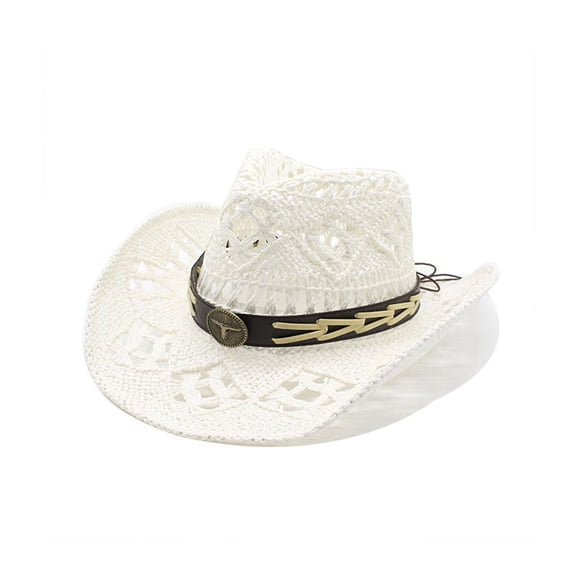 Valora Women Men Summer Western Cowboy Shapeable Straw Hollowed Out Sun Hat White White