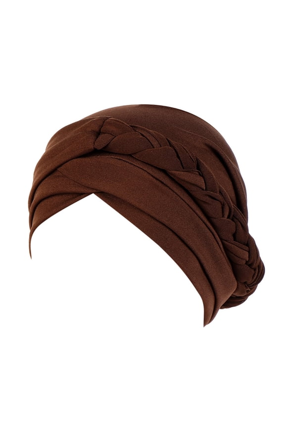Women Solid Plait Hat Ruffle Cancer Turban Wrap Cap Brown Brown
