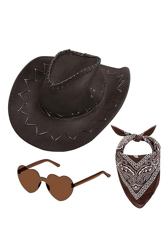 Women Western Cowboy Hat Scarf Eyeglasses Three Piece Set Accessory Kit Brown