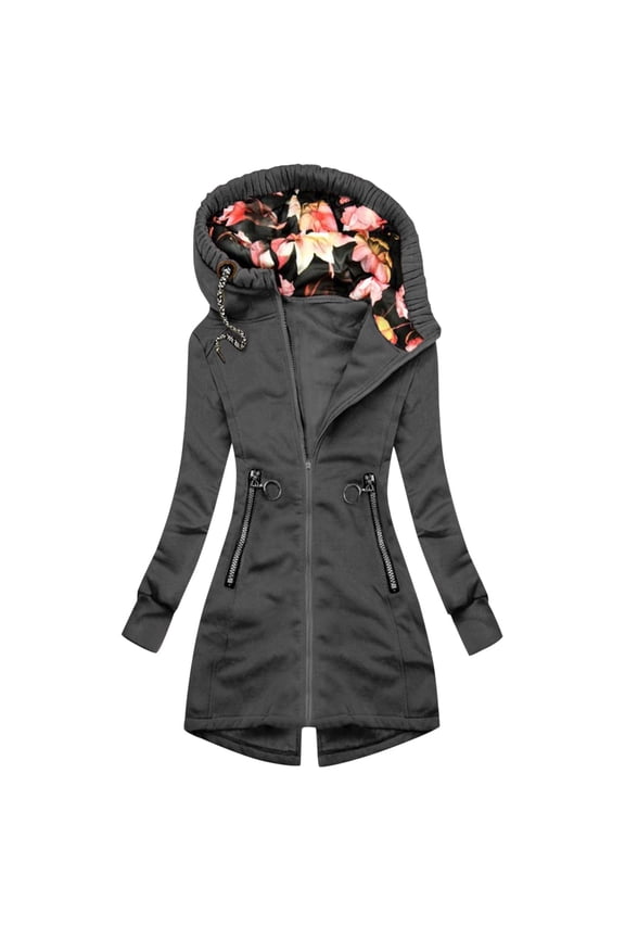 Women's Fashion Hooded Floral Print Zipper Solid Color Pocket Shirt Jacket for Women Everyday Cozy Layer with Front Pockets and Zip Closure Grey M