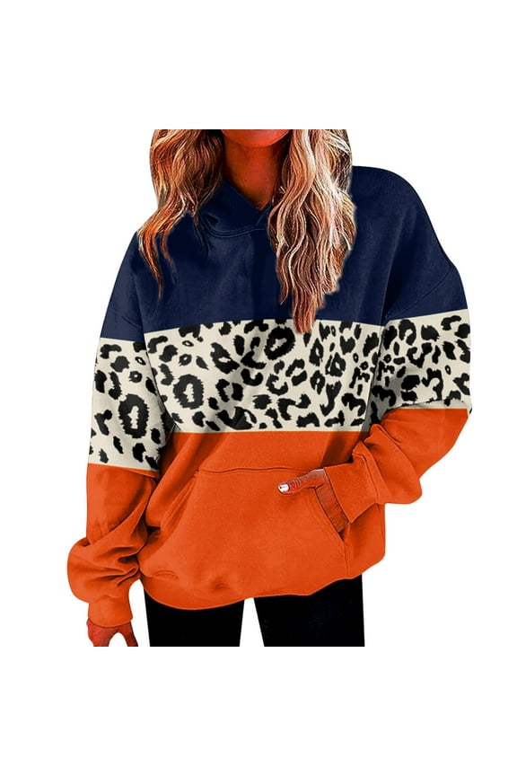 Women's Hooded Leopard Patchwork Sweatshirt for Daily Wear Casual Loose Fit Long Sleeve Top Orange 3XL
