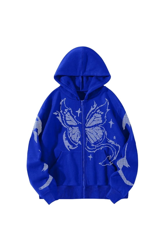 Women's Hooded Sweatshirt for Everyday Wear—Casual Print Long Sleeve Zip Up Sweatshirt with Drawstring Thermal Comfort and Versatile Styling Blue L