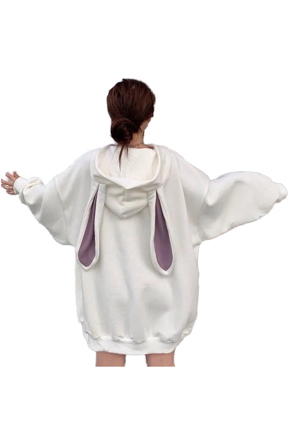Women's Hooded Top for Women Cute Rabbit Ear Design Loose Fit Long Sleeve Spring Autumn Jacket Hoodie with Comfortable Oversized White L