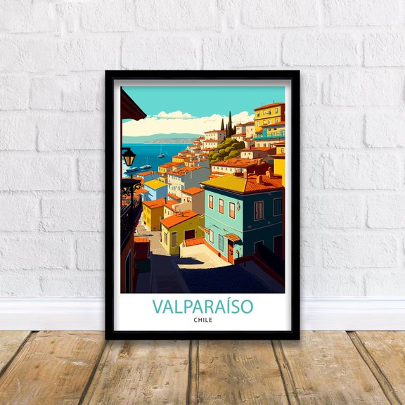ValparaÃso Chile Travel Print, Colorful Cityscape Illustration, Poster Only