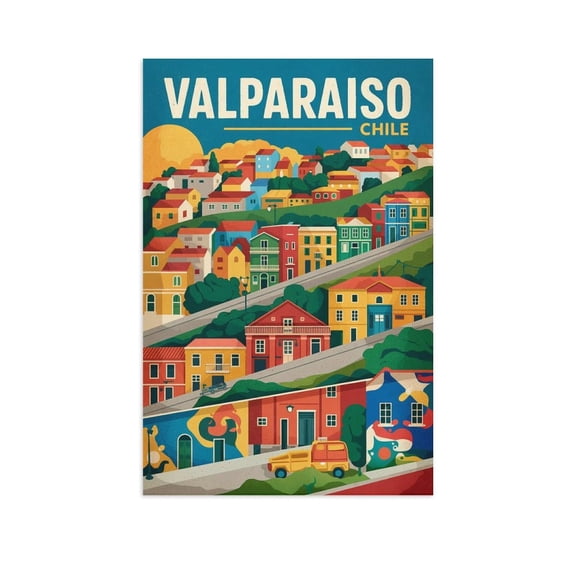Valparaiso Retro Travel Poster Vintage Chile Tourism with Colorful Hillsides & Murals Canvas Poster