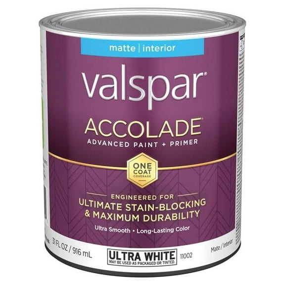 Valspar Accolade Interior Paint Matte Washable Acrylic-Based - 1 Qt., Ultra White