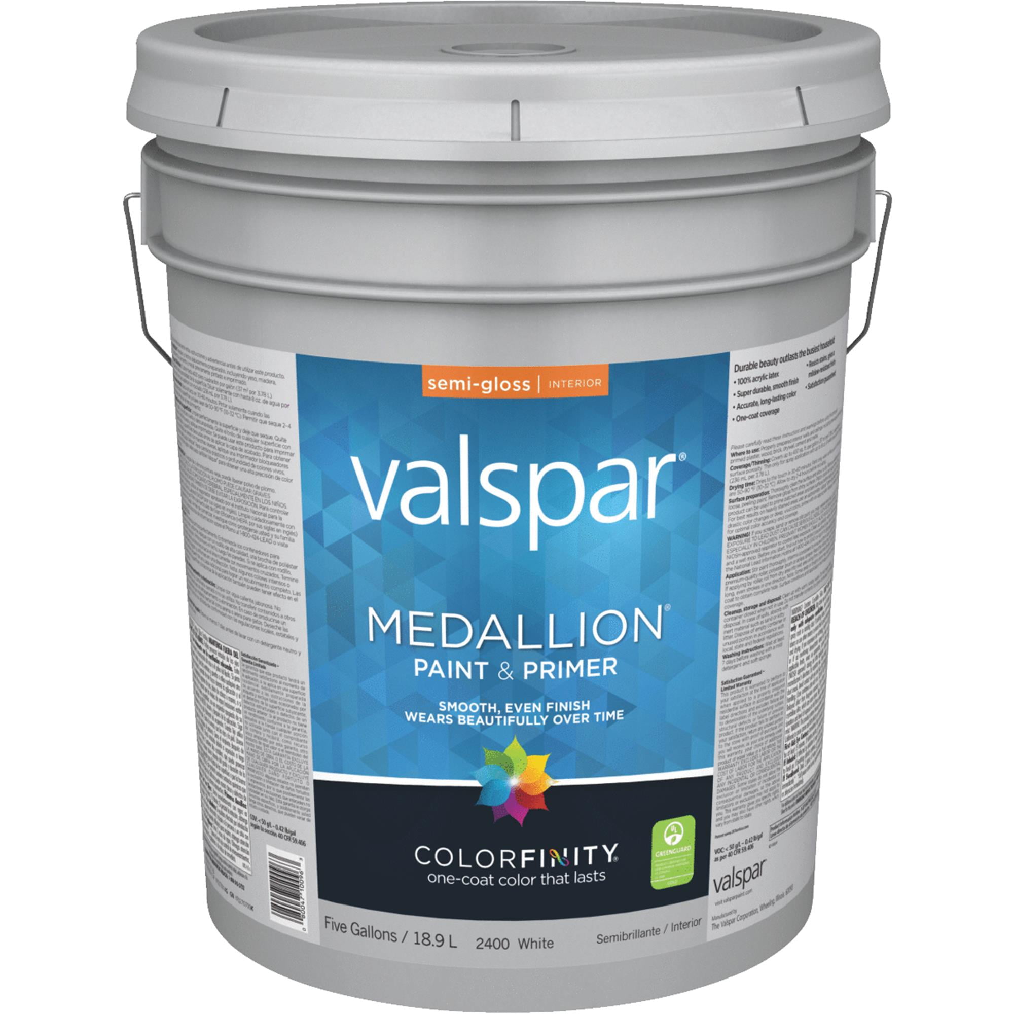 Valspar 2400-5GAL Wall Paint, Semi-Gloss, White, 5 gal Pail