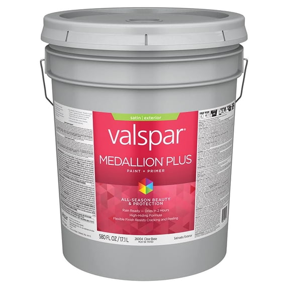 Valspar 26004 Clear Base Medallion Plus Exterior Paint & Primer, Satin, 5 Gallon