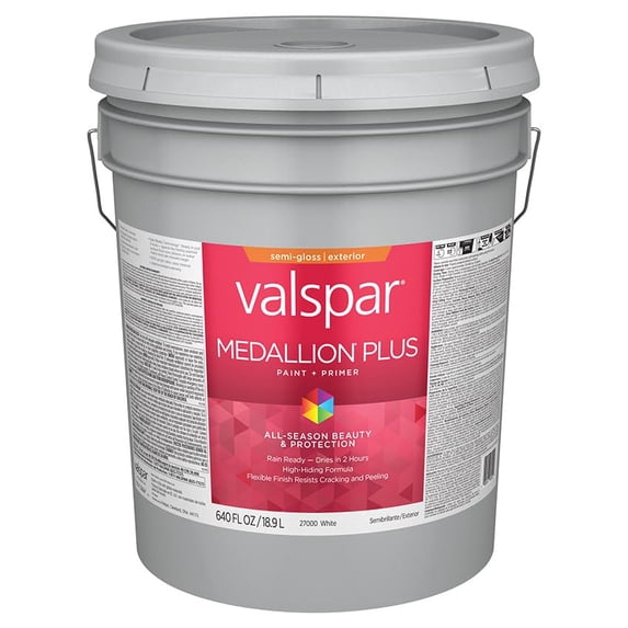 Valspar 27000 White Base Medallion Plus Exterior Paint & Primer, Semi-Gloss, 5 Gallon