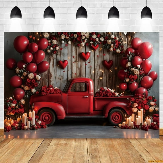 Valtine's Day Backdrop Red Rose Car Love Heart Balloon Truck Wedding Bridal Shower tic Valtine Photography Background