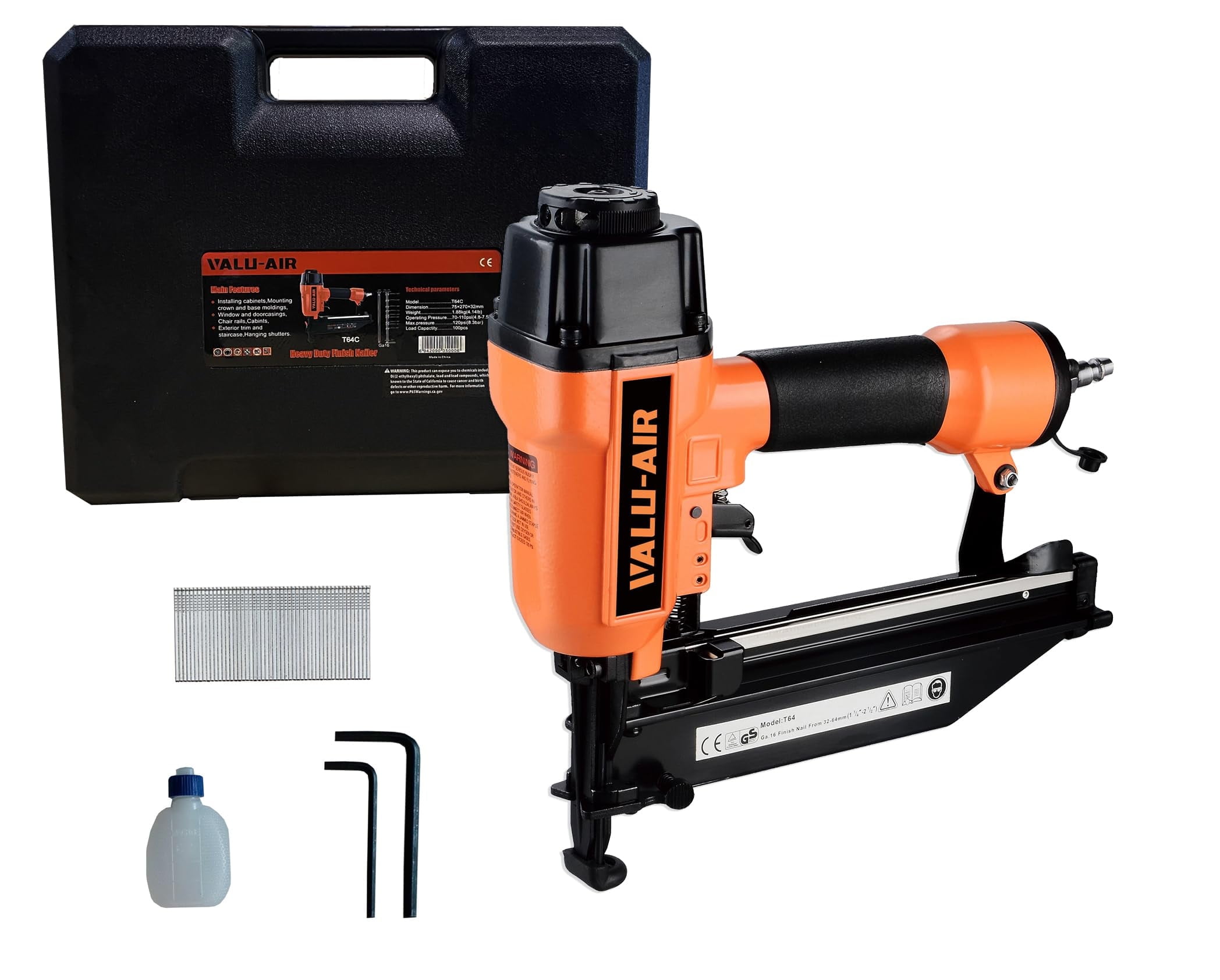 Valu-Air T64C 16 Gauge 7/8-Inch to 2-1/2-Inch Pheumatic Finish Nailer with Carrying Case (Air Compressor Needed)