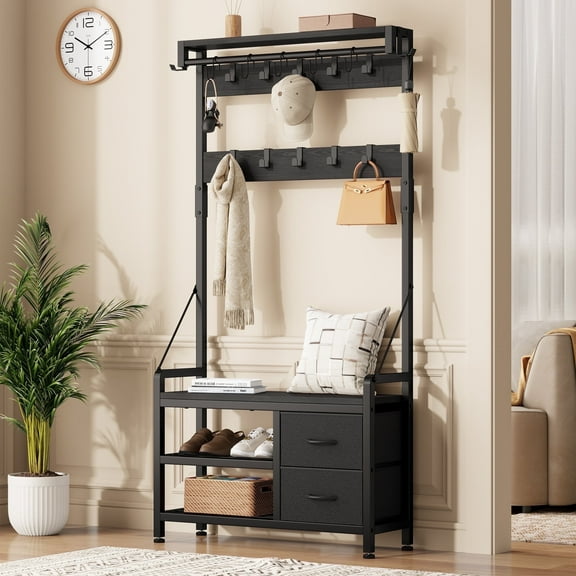 Laintene Hall Tree with Bench - 6-in-1 Industrial 31.5" Entryway Shoe Rack, 17 Hooks & 2 Drawers, Hanging Rod & Top Shelf for Hallway and Living Room, Black