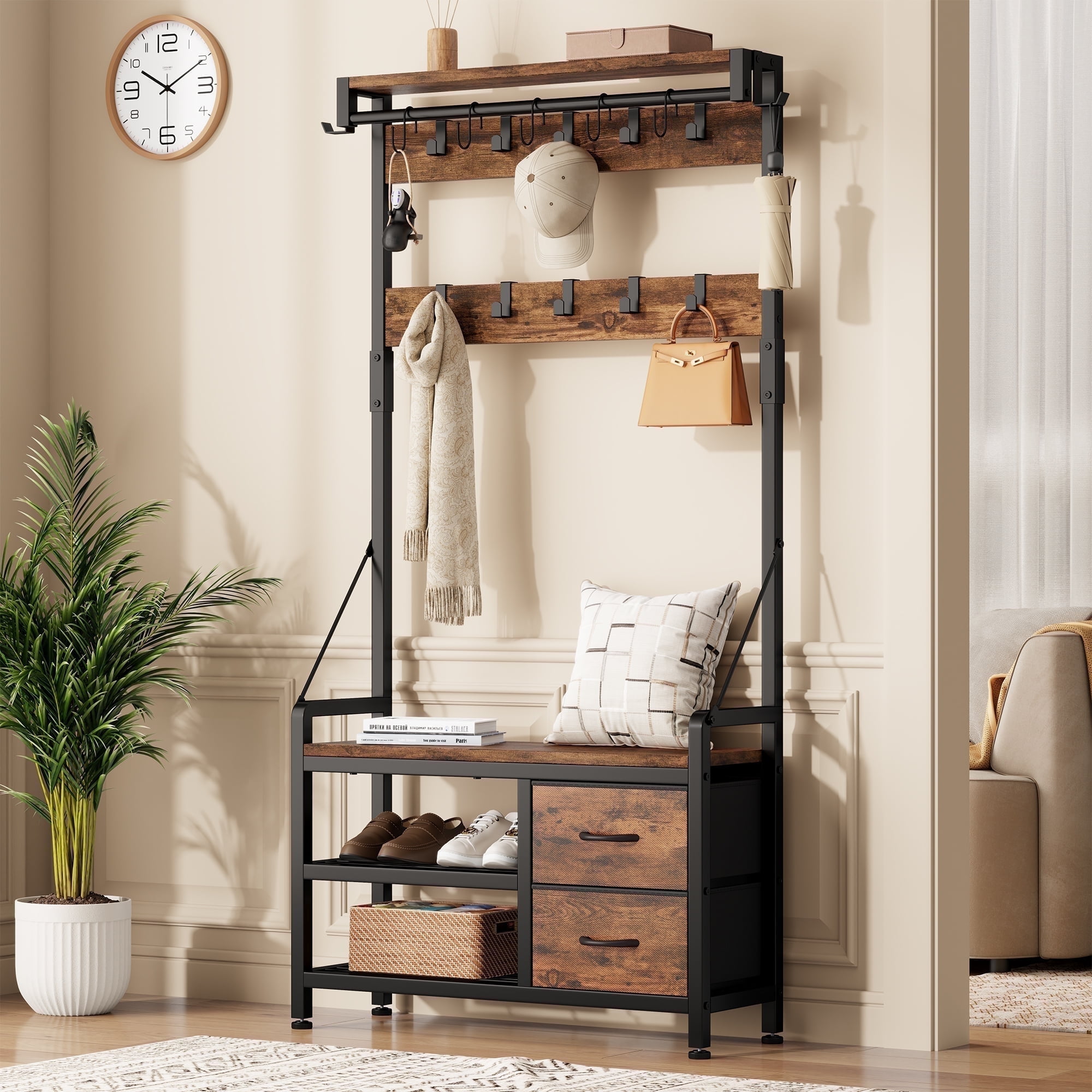 ヒールラック Laintene Hall Tree with Bench - 6-in-1 Industrial 31.5