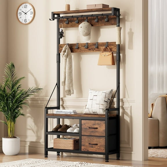 Laintene Hall Tree with Bench - 6-in-1 Industrial 31.5" Entryway Shoe Rack, 17 Hooks & 2 Drawers, Hanging Rod & Top Shelf for Hallway and Living Room, Brown