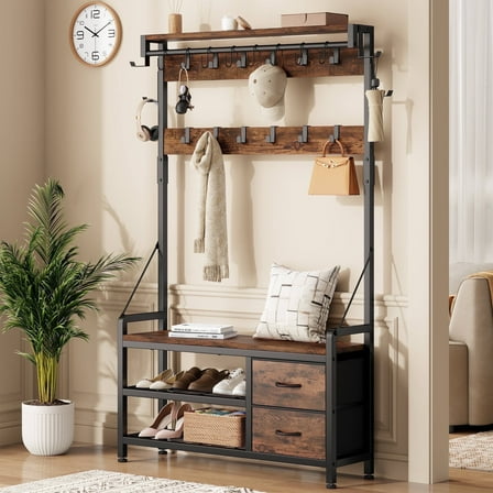 Laintene Hall Tree with Bench - 6-in-1 Wider 39.4" Entryway Shoe Rack, 24 Hooks & 2 Drawers, Hanging Rod & Top Shelf for Hallway and Living Room, Rustic Brown