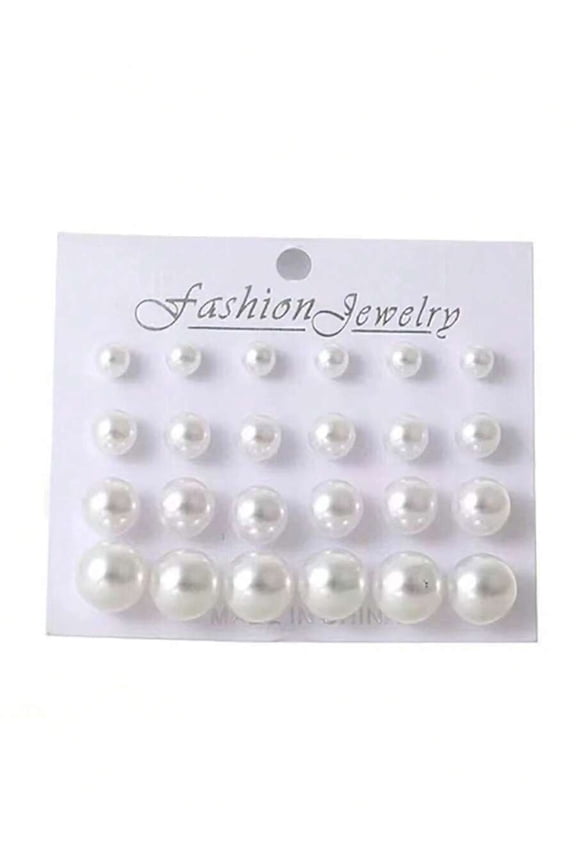 Value 12 Pairs Classic And Stylish Pearl Stud Earrings For Cross-Border E-Commerce, Daily Wear, Easy-Match, Packaged In Card, Combination Of Small And Large Pearls, Western Style.