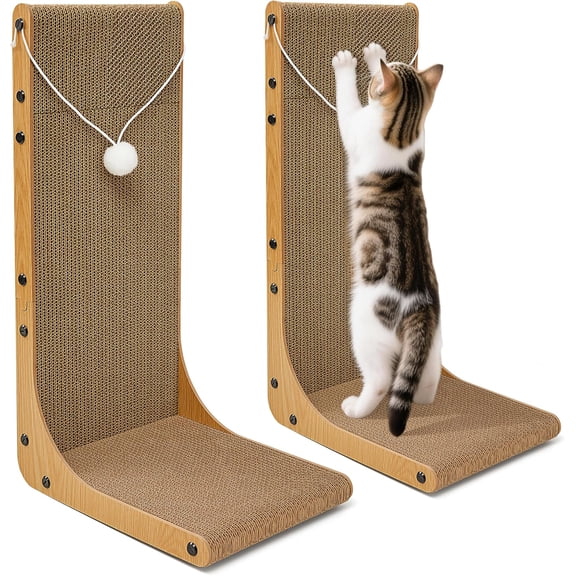 Value 2-Pack 23.6 Inch L-Shaped Cardboard Cat Scratcher, Dual Use (Vert/Horiz) Scratch Pad with Toy Balls, Wall-Mountable Furniture Protector Scratchers for Indoor Cats, Couch & Wall