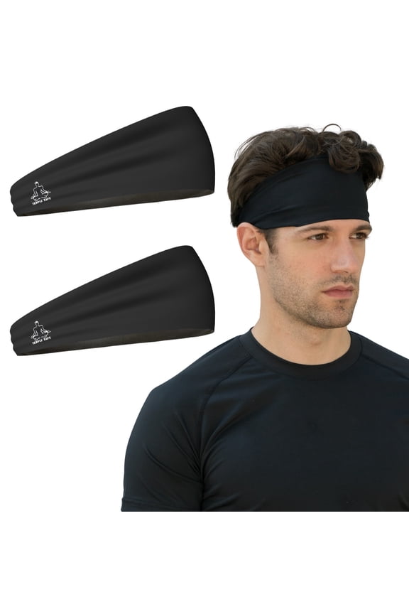 Value 2-Pack, Temple Tape Four Inch Moisture Wicking Workout Sweatband; Absorbs & Evaporates Sweat 8x Faster - Value Pack - 2-Black Sweatbands - 2 Pack