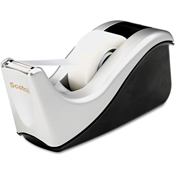 Value Desktop Tape Dispenser, Attached 1" Core, Black/Silver