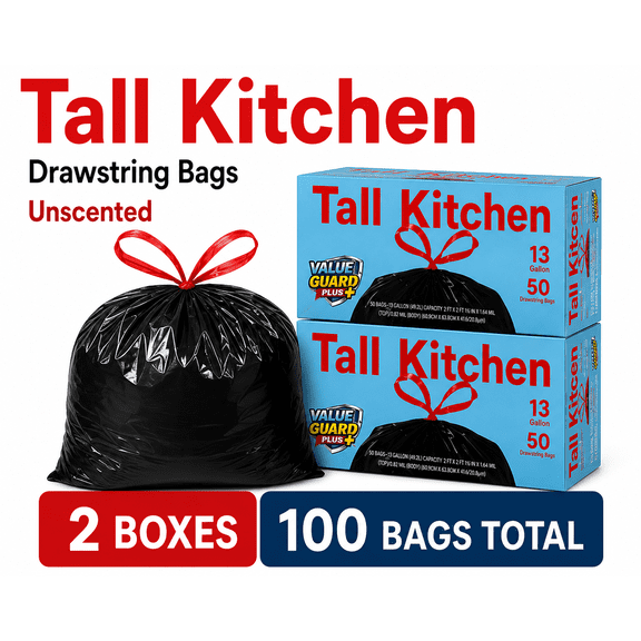 Value Guard Plus 13 Gallon Tall Kitchen Drawstring Trash Bags Unscented, Heavy Duty 100 Count Total (2 Pack,50 bags Per Box) Leak Resistant Garbage Bags