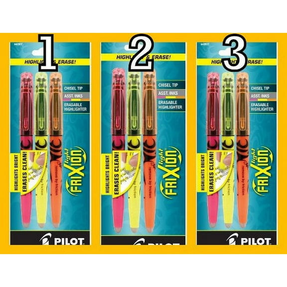 Value Pack of 3 sets Pilot FriXion Light Erasable Highlighters, Chisel Point, 3-Pack, Assorted Colors, Yellow/Pink/Orange (46507) 9 total highlighters