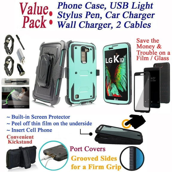 Value Pack + for 5.3" LG K10 2016 Premier LTE Case Phone Case 360° Cover Screen Protector Clip Holster Kick stand Grip Sides Shock Armor Bumper Teal Black