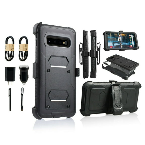 Value Pack for 5.8" Samsung Galaxy S10e Hybrid Heavy Duty Belt Clip Shockproof Holster Kickstands Soft Silicone Absorber Rugged Defender Cover Hard Back Dual Layers Armor Bumper Case + Black