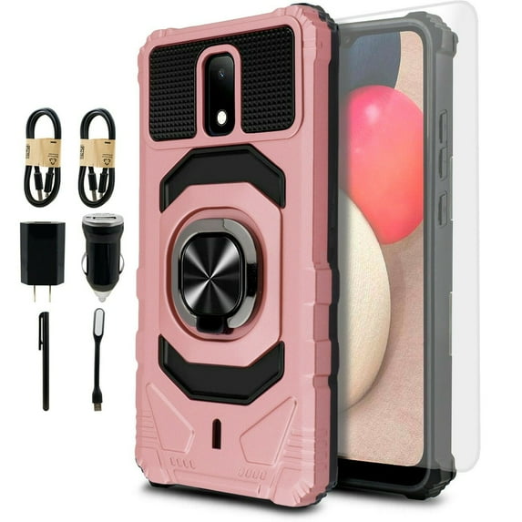 Value Pack + for AT&T Calypso 2 (U319AA) Cricket Debut with Tempered Glass Ring Finger Loop Hybrid Phone Case Magnet Mount Ready Grip Grids Kickstand Slim Shock Bumper Cover