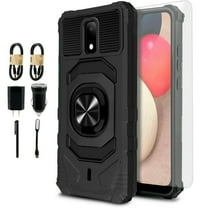 Value Pack   for AT&T Calypso 2 (U319AA) Cricket Debut with Tempered Glass Ring Finger Loop Hybrid Phone Case Magnet Mount Ready Grip Grids Kickstand Slim Shock Bumper Cover