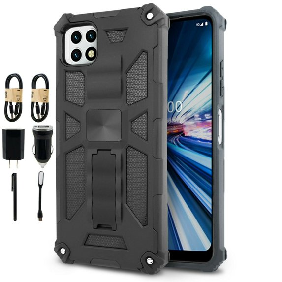 Value Pack + for Boost Celero 5G (Boost Mobile) Samsung Galaxy A22 5G Hybrid Phone Case Magnet Mount Ready Grip Grids Kickstand Slim Shock Bumper Cover with Tempered Glass
