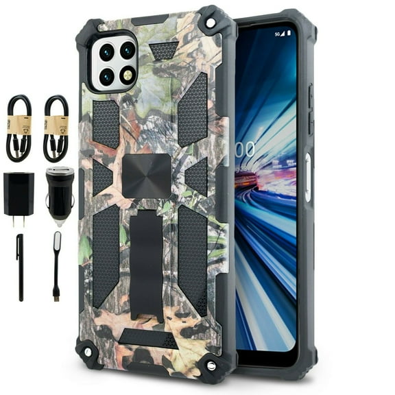 Value Pack + for Boost Celero 5G (Boost Mobile) Samsung Galaxy A22 5G Hybrid Phone Case Magnet Mount Ready Grip Grids Kickstand Slim Shock Bumper Cover with Tempered Glass