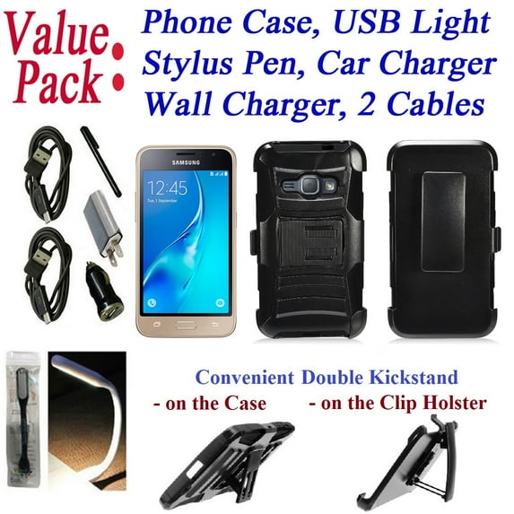 Value Pack Cables Chargers + for 4.5" Samsung Galaxy LUNA 4G LTE S120 Case Phone Case Belt Clip Holster 2 Kick Stands Hybrid Armor Shock Bumper Cover Black