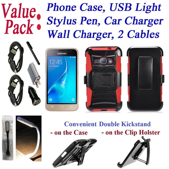 Value Pack Cables Chargers + for 4.5" Samsung Galaxy LUNA 4G LTE S120 Case Phone Case Belt Clip Holster 2 Kick Stands Hybrid Armor Shock Bumper Cover Red