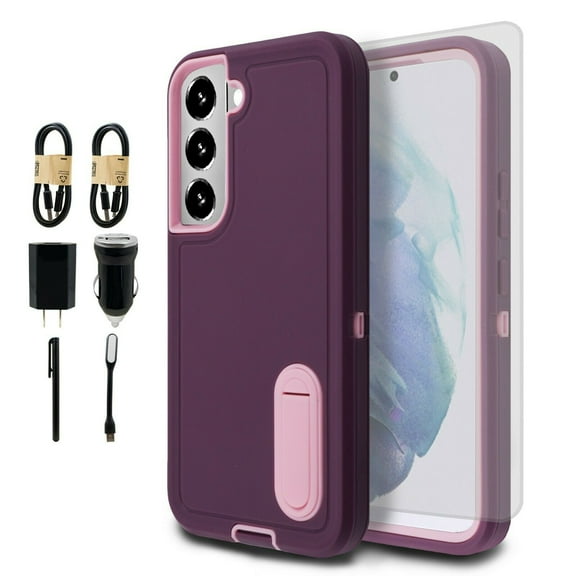 Value Pack Cables + for Samsung Galaxy S22 Phone Case Corner Guard Kickstand Hybrid Slim Bumper Shock Cover with Screen Protector