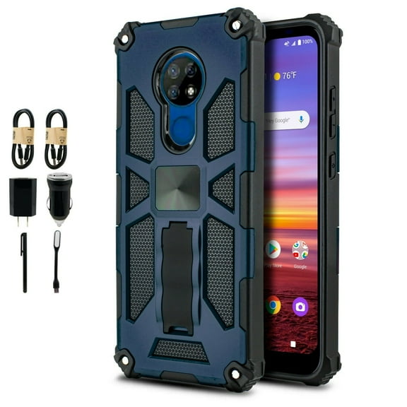 Value Pack + for Cricket Ovation, AT&T Radiant Max with Tempered Glass Hybrid Phone Case Magnet Mount Ready Grip Grids Kickstand Slim Shock Bumper Cover