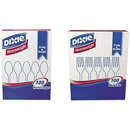 Value Pack: Dixie Plastic Tableware, 100 Heavyweight Teaspoons, & 100 Heavyweight Forks, White (200 Pieces)