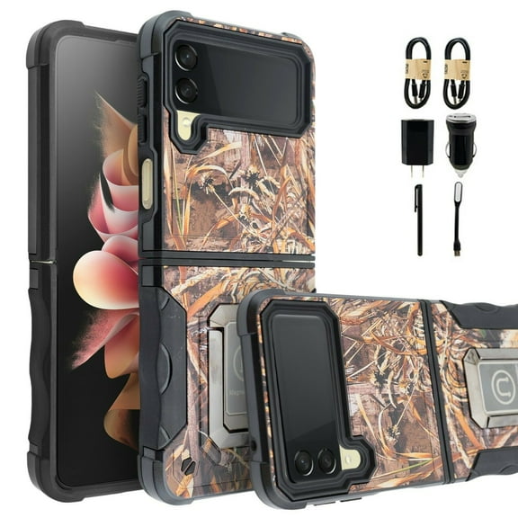 Value Pack + For Samsung Galaxy Z Flip 3 5G with Screen Protector Hybrid Phone Case Magnet Mount Ready Grip Grids Kickstand Slim Shock Bumper Cover