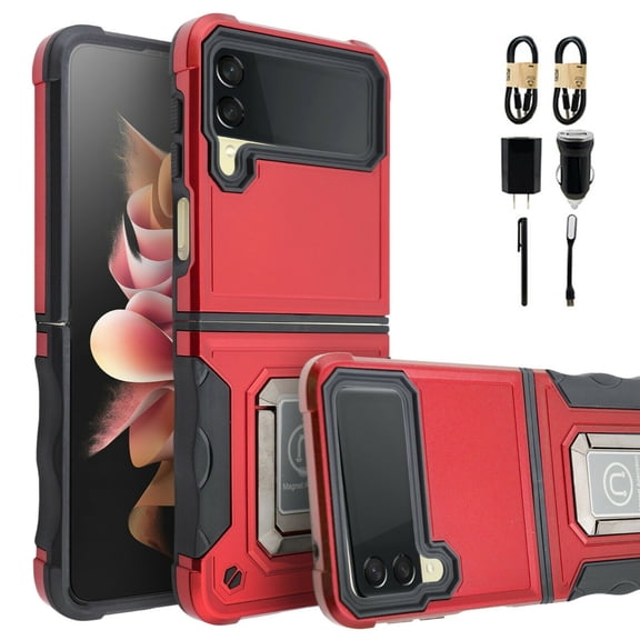 Value Pack + For Samsung Galaxy Z Flip 3 5G with Screen Protector Hybrid Phone Case Magnet Mount Ready Grip Grids Kickstand Slim Shock Bumper Cover