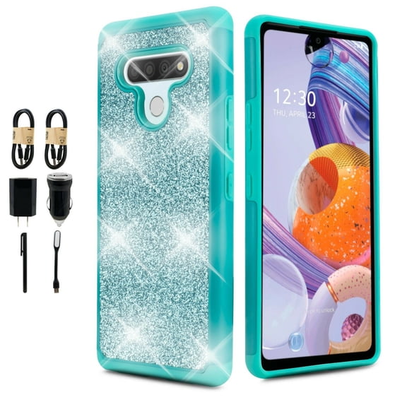 Value Pack + for LG Stylo 6 Bling Glitter Hard Bumper TPU with Tempered Glass Phone Case Hybrid Cell Phone Case Shock proof Edge Slim Bumper Scratch Cover (Teal)