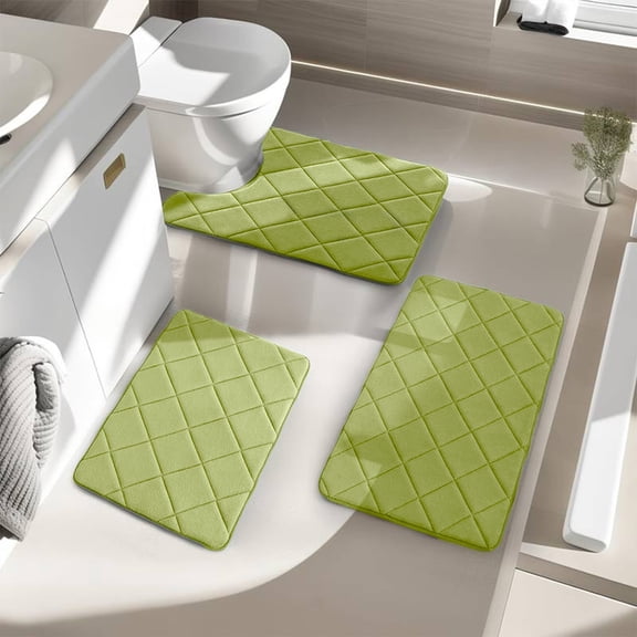 Value Pack Memory Foam Bath Mats - 3-Piece Non-Slip Bathroom Rug Set Water Absorbent Machine Washable Soft Shower Floor Mats(Green)