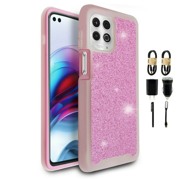 Value Pack ! For Motorola Moto Edge S Moto G100 Glitter Bling Full Body Built In Screen Protector Phone Case PU Shock Bumper Scratch Guard Skin Wrap Slim Cover