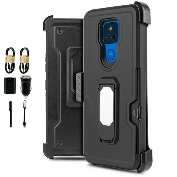 Value Pack ! for Motorola Moto G Play 2021 (NOT FIT 2020 Version) Magnetic Card Slot Belt Clip Phone Case 360° Cover Kickstand Holster Hybrid Shock Bumper with Tempered Glass