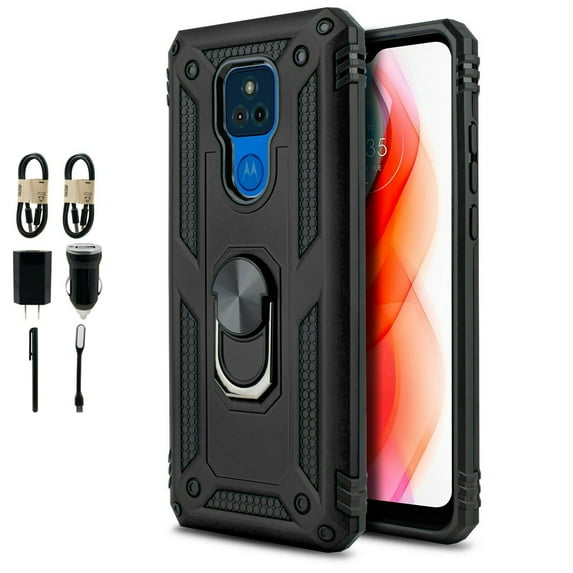 Value Pack + for Motorola Moto G Play 2021 (NOT FIT 2020 Version) with Tempered Glass Case Hybrid Phone Case Ring Magnet Mount Ready Grip Grids Kickstand Slim Shock Bumper Cover