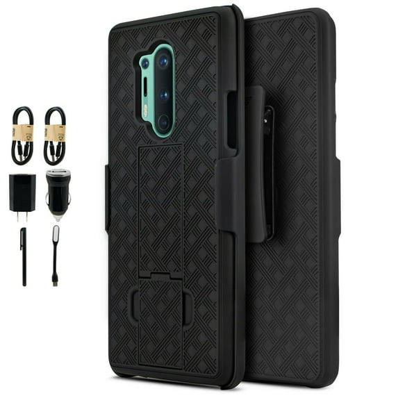 Value Pack ! for OnePlus 8 Pro with Tempered Glass Slim Shell Phone Case Shockproof Cover Screen Protector Clip Kickstand Holster Hybrid Shock Bumper (Black)