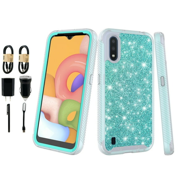 Value Pack and for Samsung Galaxy A01 015 Case Phone Case Dual Layer Glitter Full-Body Rugged Clear Back Case Drop Resistant Shockproof Case with Built In Screen Protector (Teal)