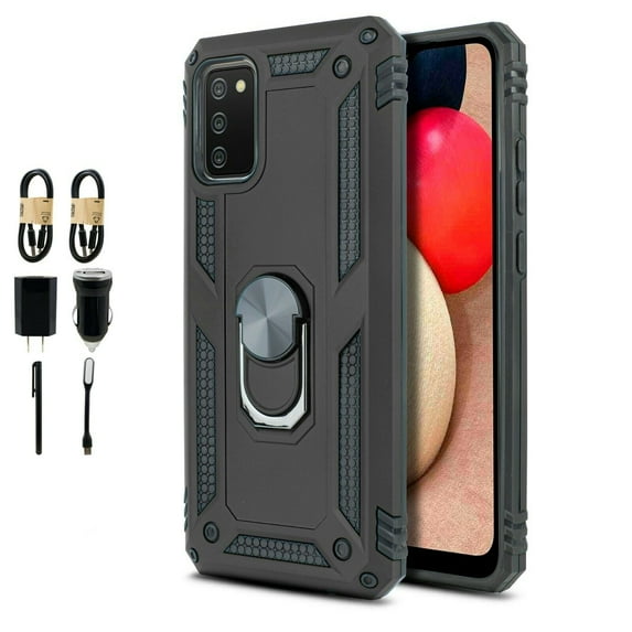 Value Pack + for Samsung Galaxy A02S A02s with Tempered Glass Ring Finger Loop Hybrid Phone Case Magnet Mount Ready Grip Grids Kickstand Slim Shock Bumper Cover