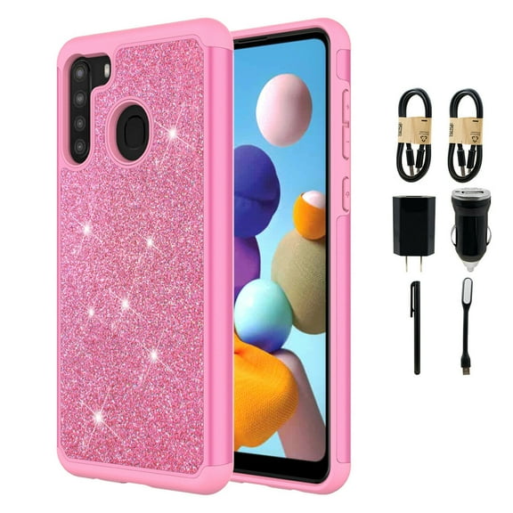 Value Pack + for Samsung Galaxy A21 with Tempered Glass Glitter Hard Case Hybrid Cell Phone Case Glitter Shock proof Edge Slim Bumper Scratch Cover (Pink)