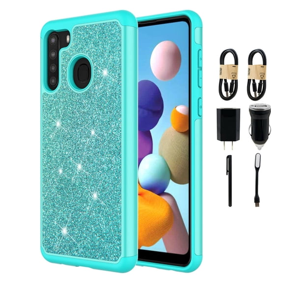 Value Pack + for Samsung Galaxy A21 with Tempered Glass Glitter Hard Case Hybrid Cell Phone Case Glitter Shock proof Edge Slim Bumper Scratch Cover (Teal)
