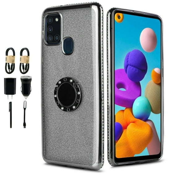 Value Pack + for Samsung Galaxy A21S with Tempered Glass Screen Protector Soft TPU Glitter Case Hybrid Phone Case Magnet Mount Ready Grip Grids Kickstand Slim Shock Bumper Cover